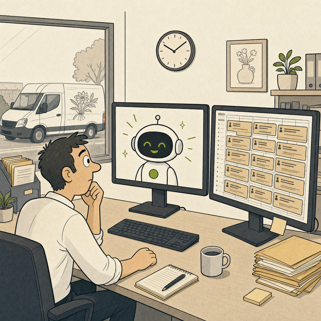Single-panel cartoon: a worker sits at a desk with a gleaming AI chatbot on one monitor; on the other monitor is a calendar packed wall-to-wall with new meetings labelled 'AI Efficiency Sync', 'AI Productivity Catch-up', and 'AI ROI Discussion'. The van from the anecdote is visible through the office window, still parked.