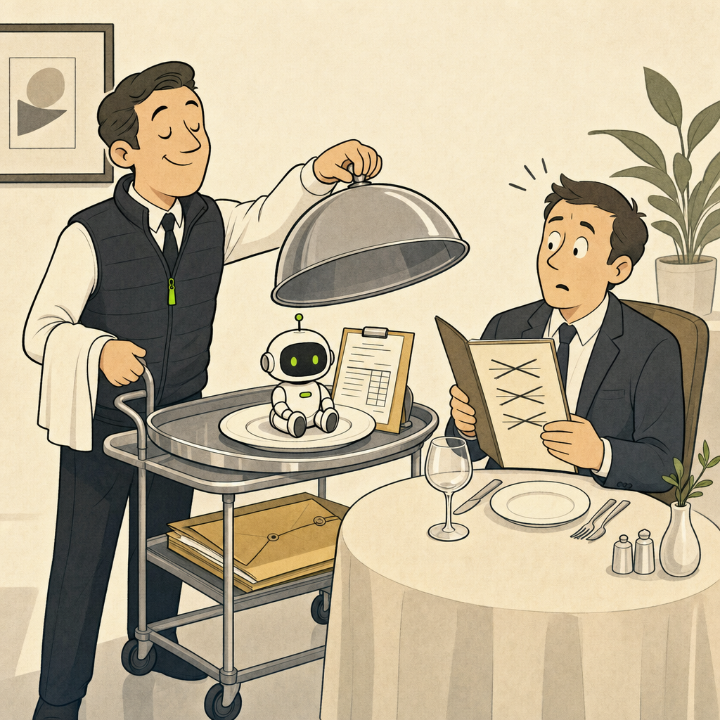 A cartoon waiter in a gilet wheels a silver-domed trolley towards a bewildered businessman at a restaurant table. The dome is lifted to reveal a tiny robot labelled 'Copilot' sitting on a plate next to an invoice. The businessman holds a menu that reads 'Optional extras' — all crossed out.
