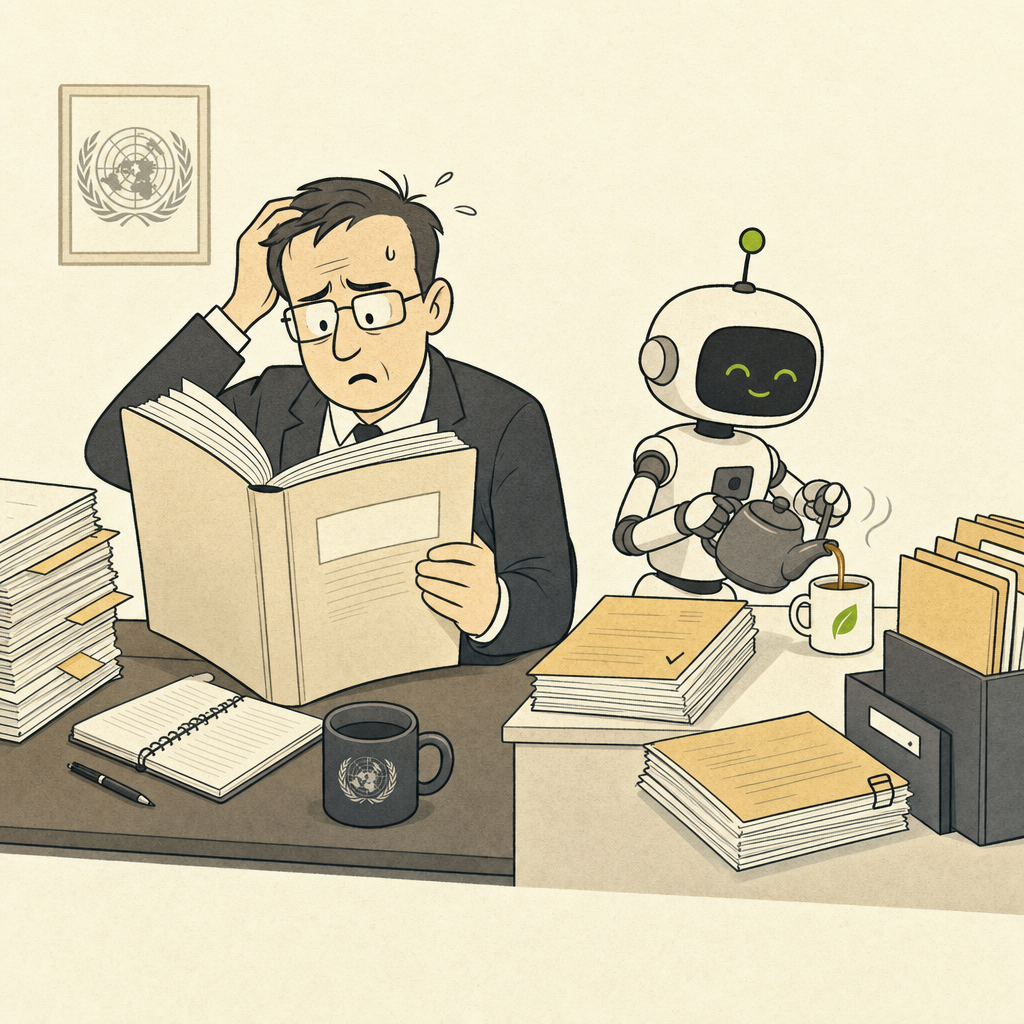 A single-panel cartoon: a harassed government official in a suit tries to read a thick report labelled 'AI Governance Framework' while a small robot beside him has already read the report, written a sequel, filed the paperwork, and is now making itself a cup of tea